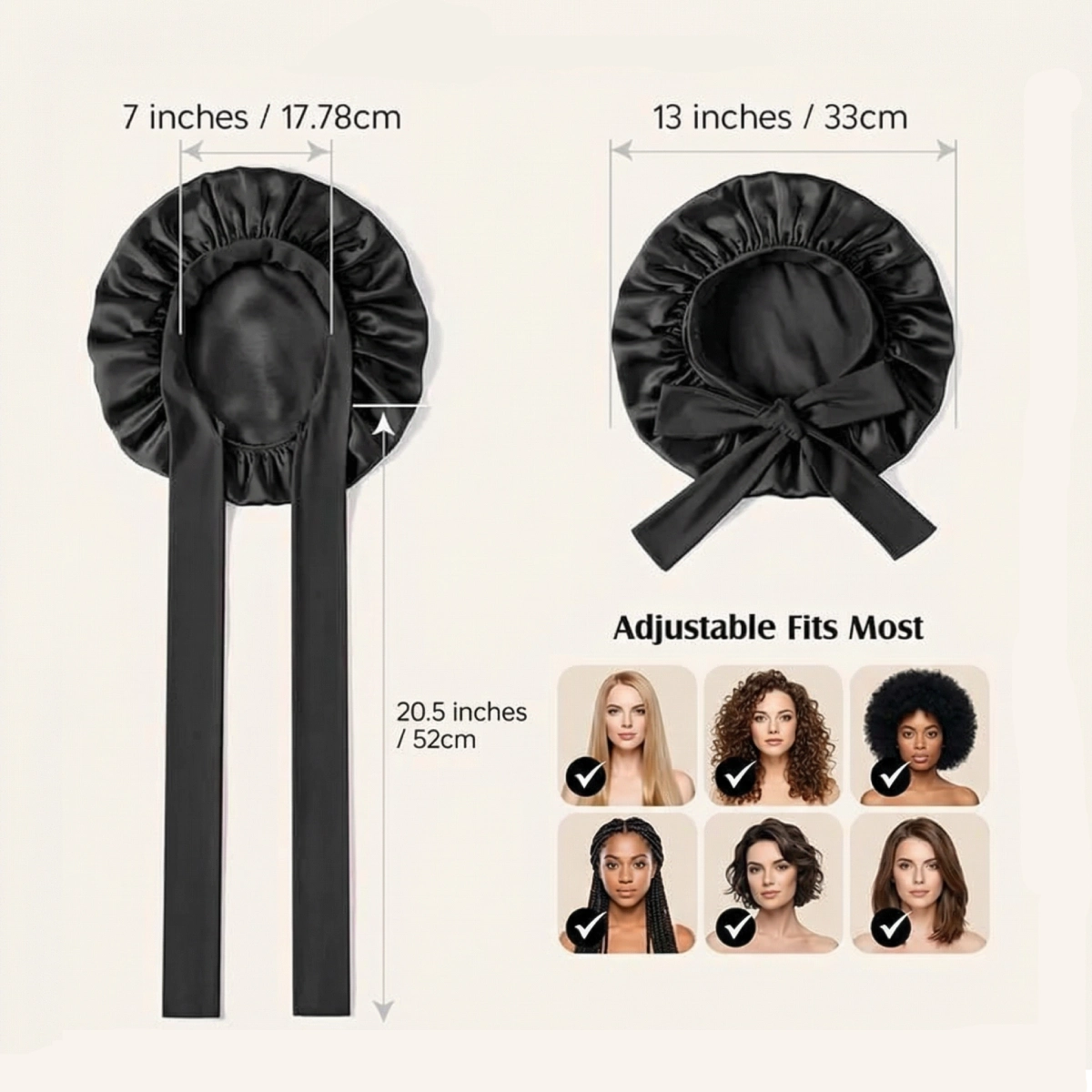 Black satin bonnet with measurements and fitting information displayed on a beige background