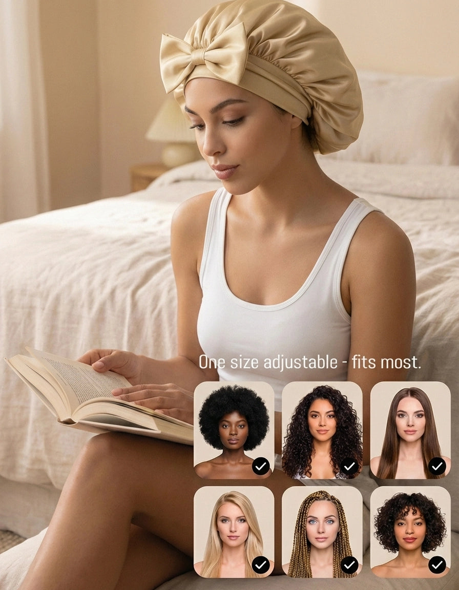 100% Mulberry Silk Sleep Bonnet with Adjustable No-Slip Ribbon Tie